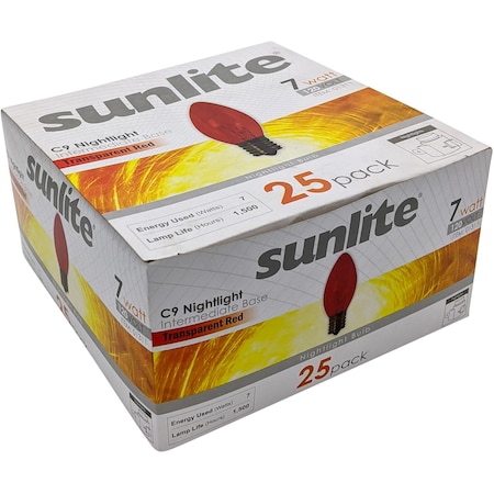 Sunlite 7C9/TR Incandescent 7-Watt, Intermediate Based C9 Night Light Colored Bulbs Transparent Red, 25PK 01311-SU
